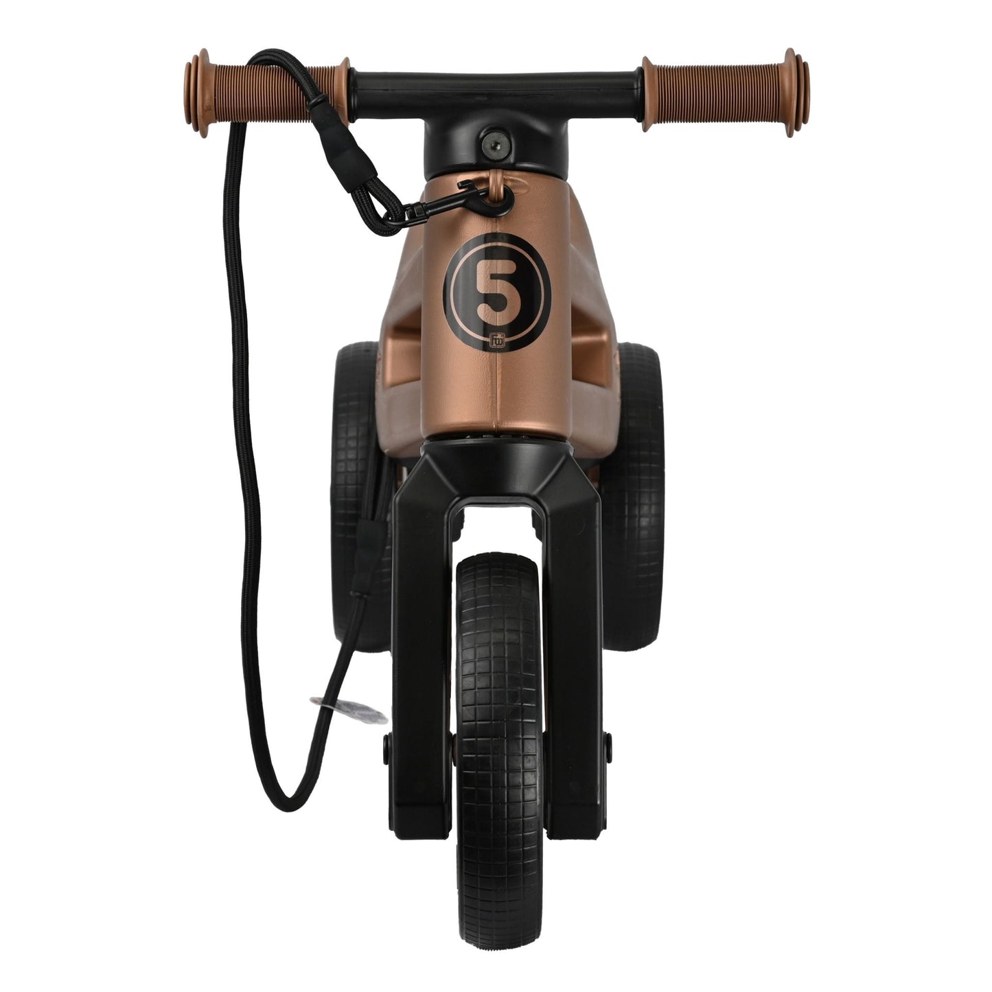 Bicicleta fara pedale cu cosulet pentru ghidon, 2 in 1, 18+ luni, pneuri si manere de cauciuc, 4 nivele de reglaj pe inaltime, Funny Wheels Rider SuperSport Copper/Black