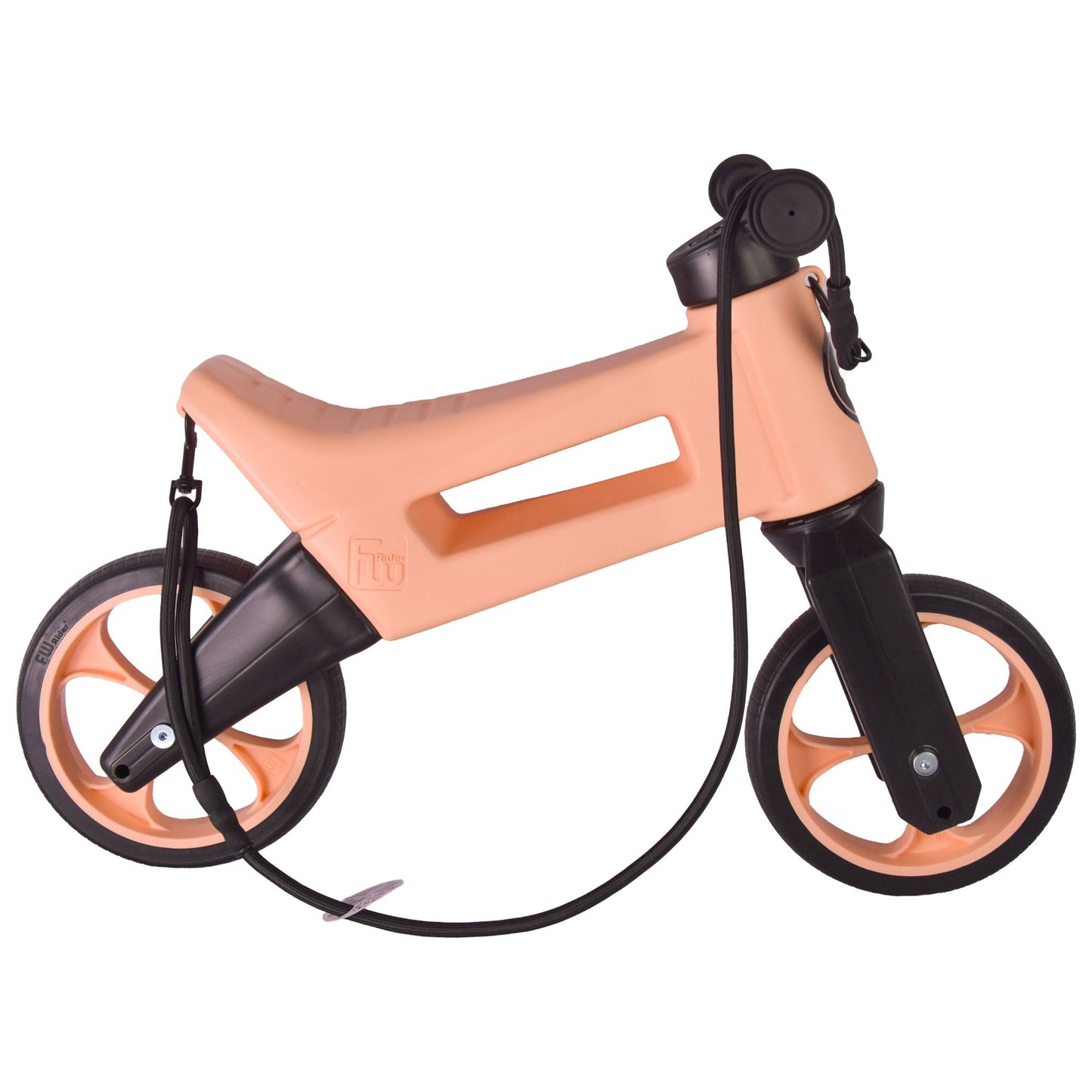 Bicicleta fara pedale cu cosulet pentru ghidon, 2 in 1, 18+ luni, pneuri si manere de cauciuc, 4 nivele de reglaj pe inaltime, Funny Wheels Rider SuperSport Pastel Apricot/Black