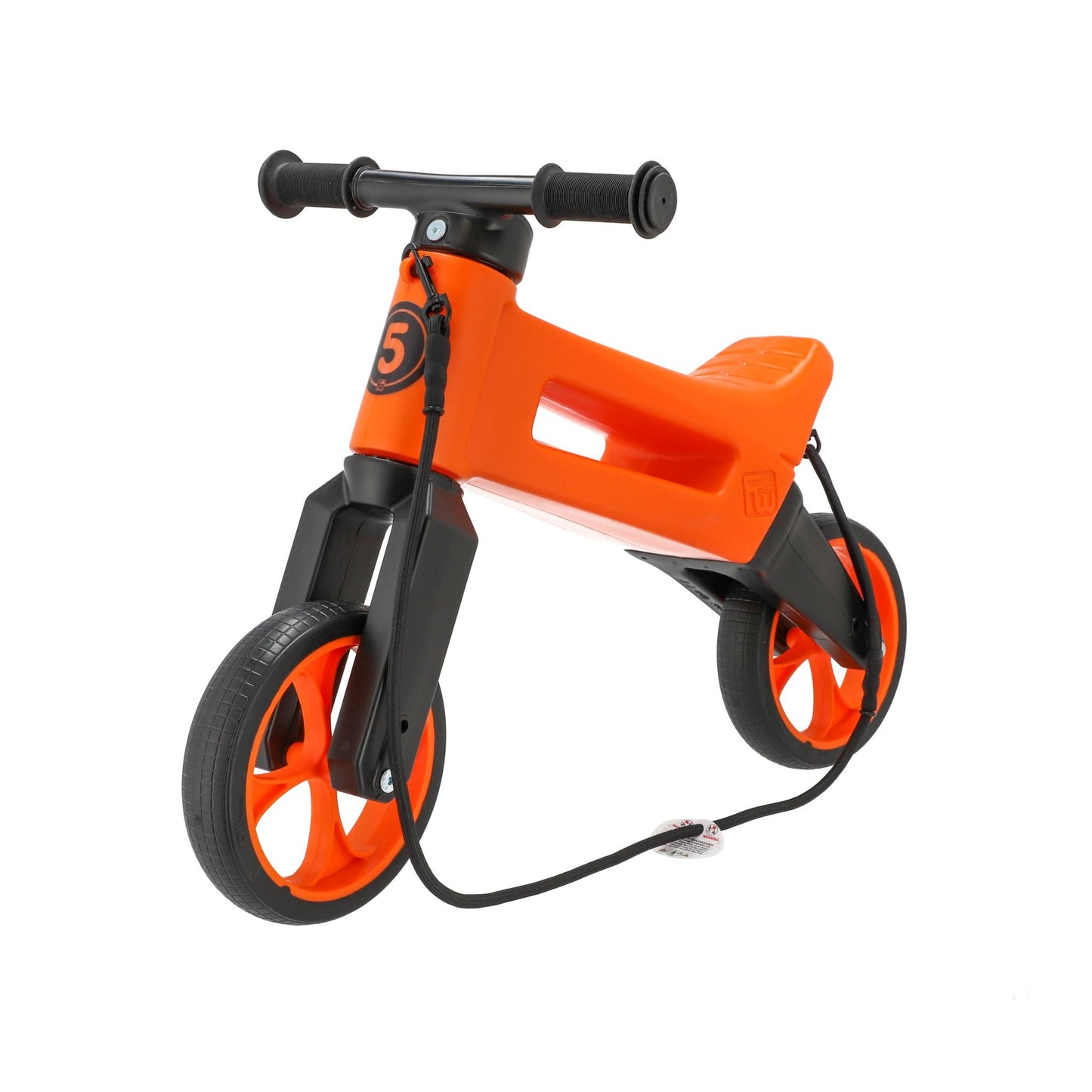 Bicicleta fara pedale cu cosulet pentru ghidon, 2 in 1, 18+ luni, pneuri si manere de cauciuc, 4 nivele de reglaj pe inaltime, Funny Wheels Rider SuperSport Sunset Orange/Black