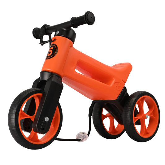 Bicicleta fara pedale cu cosulet pentru ghidon, 2 in 1, 18+ luni, pneuri si manere de cauciuc, 4 nivele de reglaj pe inaltime, Funny Wheels Rider SuperSport Sunset Orange/Black