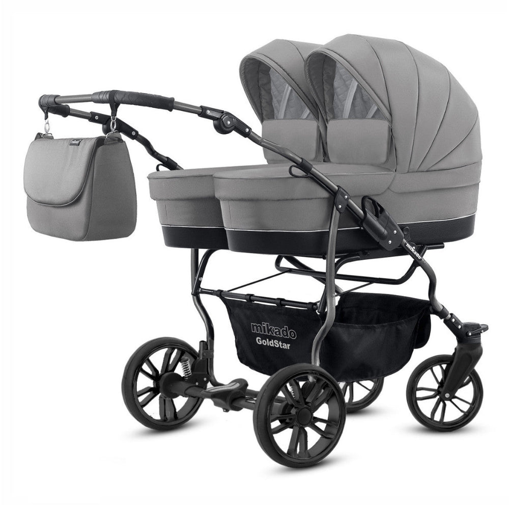 Carucior pentru gemeni 2 in 1 Mikado Goldstar GS-05 Gri/Cadru negru/Roti negre carucior-gemeni