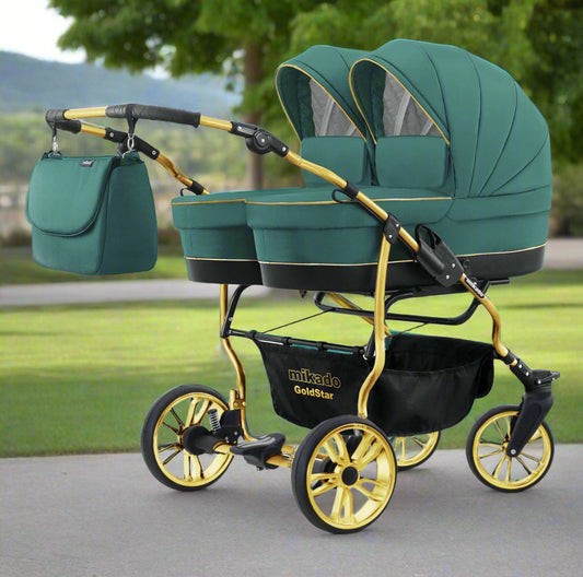 Carucior pentru gemeni 2 in 1 Mikado Goldstar GS-09 Smarald/Cadru gold/Roti gold