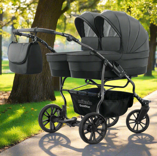 Carucior pentru gemeni 2 in 1 Mikado Goldstar GS-10 Grafit/Cadru negru/Roti negru carucior-gemeni