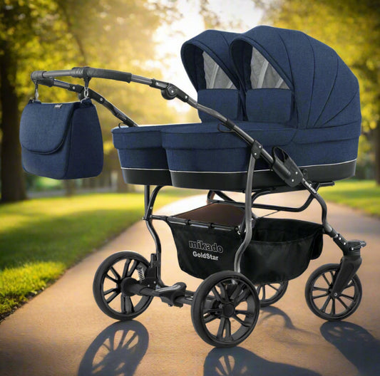 Carucior pentru gemeni 2 in 1 Mikado Goldstar GS-13 Navy/Cadru negru/Roti negru carucior-gemeni