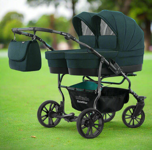 Carucior pentru gemeni 2 in 1 Mikado Goldstar GS-17 Kaki/Cadru negru/Roti negru