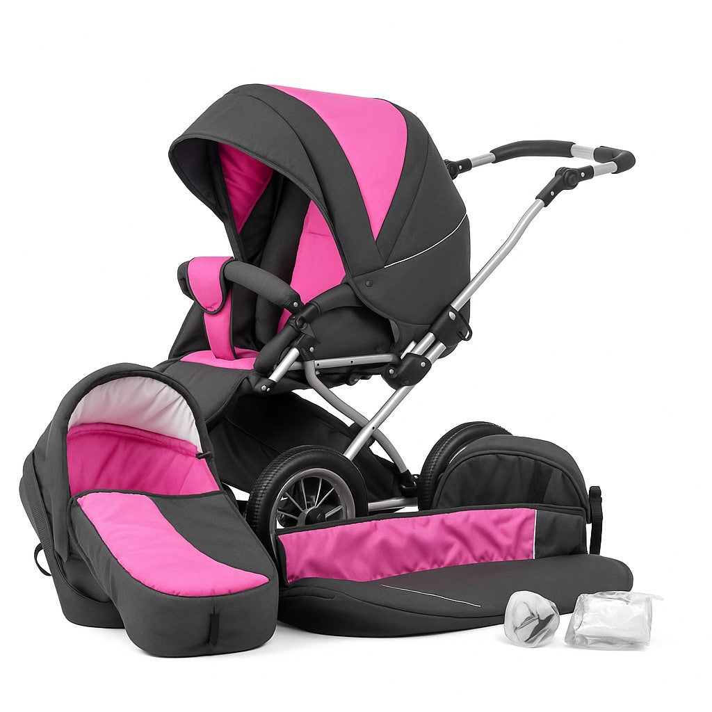 Carucior pentru gemeni clasic Nativo Classico Duo Grafit/Roz model clasic scaune reversibile roti gonflabile mari