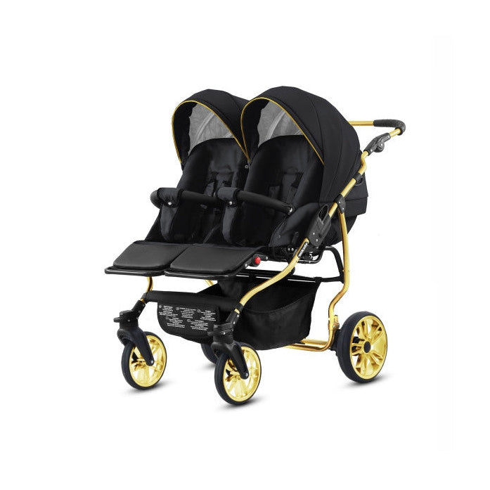 Carucior pentru gemeni 2 in 1 Mikado Goldstar GS-01 Negru/Cadru gold/Roti gold carucior-gemeni