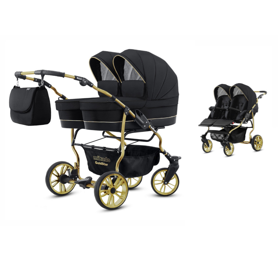 Carucior pentru gemeni 2 in 1 Mikado Goldstar GS-01 Negru/Cadru gold/Roti gold carucior-gemeni