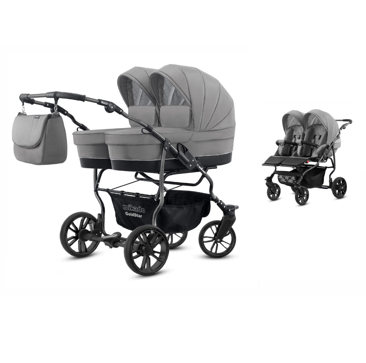 Carucior pentru gemeni 2 in 1 Mikado Goldstar GS-05 Gri/Cadru negru/Roti negre carucior-gemeni