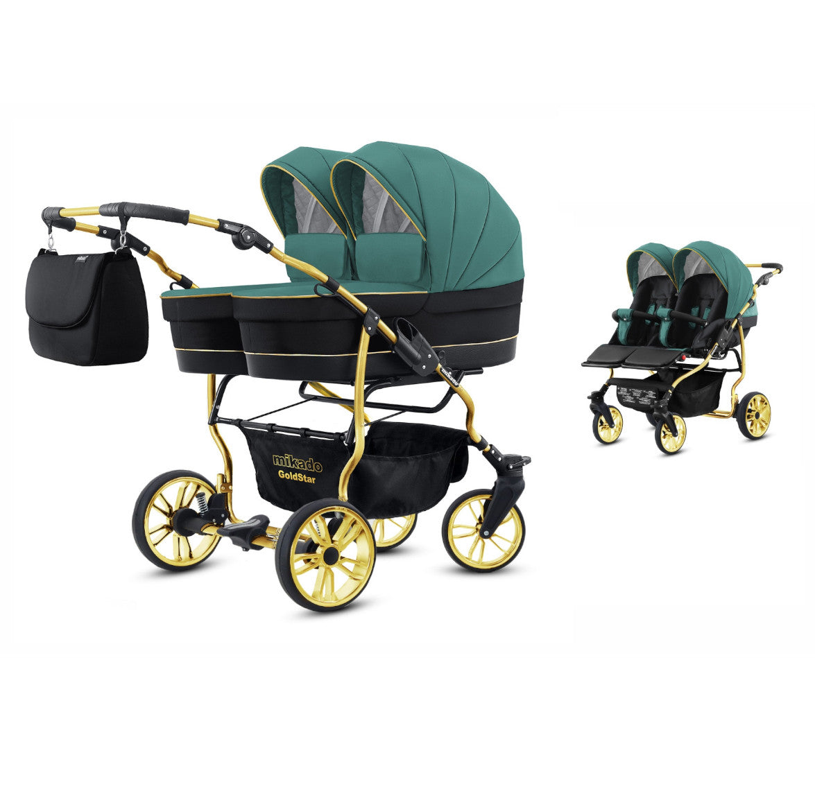 Carucior pentru gemeni 2 in 1 Mikado Goldstar GS-08 Smarald-Negru/Cadru gold/Roti gold carucior-gemeni