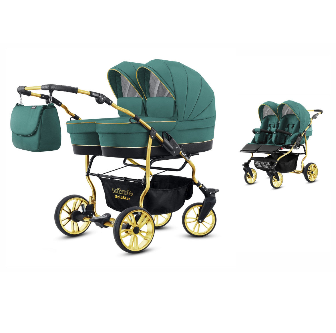 Carucior pentru gemeni 2 in 1 Mikado Goldstar GS-09 Smarald/Cadru gold/Roti gold carucior-gemeni