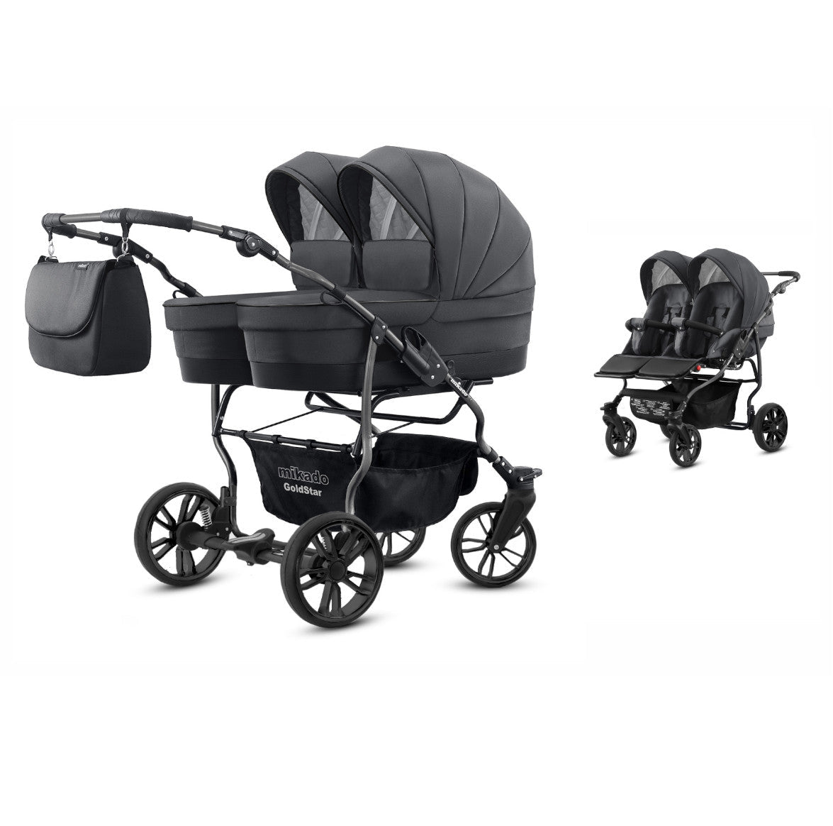 Carucior pentru gemeni 2 in 1 Mikado Goldstar GS-10 Grafit/Cadru negru/Roti negru carucior-gemeni
