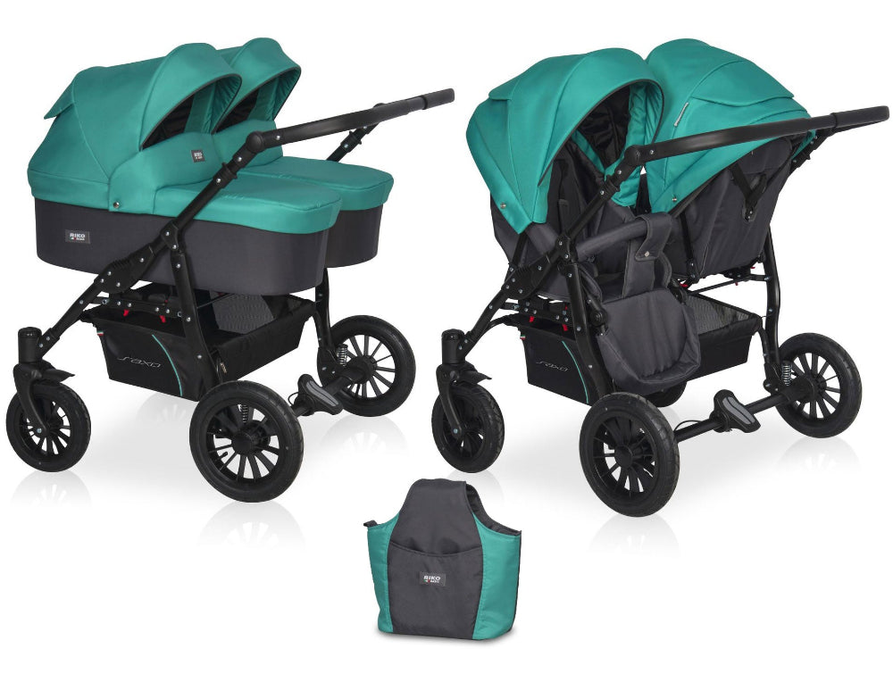 Carucior pentru gemeni Riko Basic Saxo Lagoon scaune reversibile roti cu aer carucior-gemeni