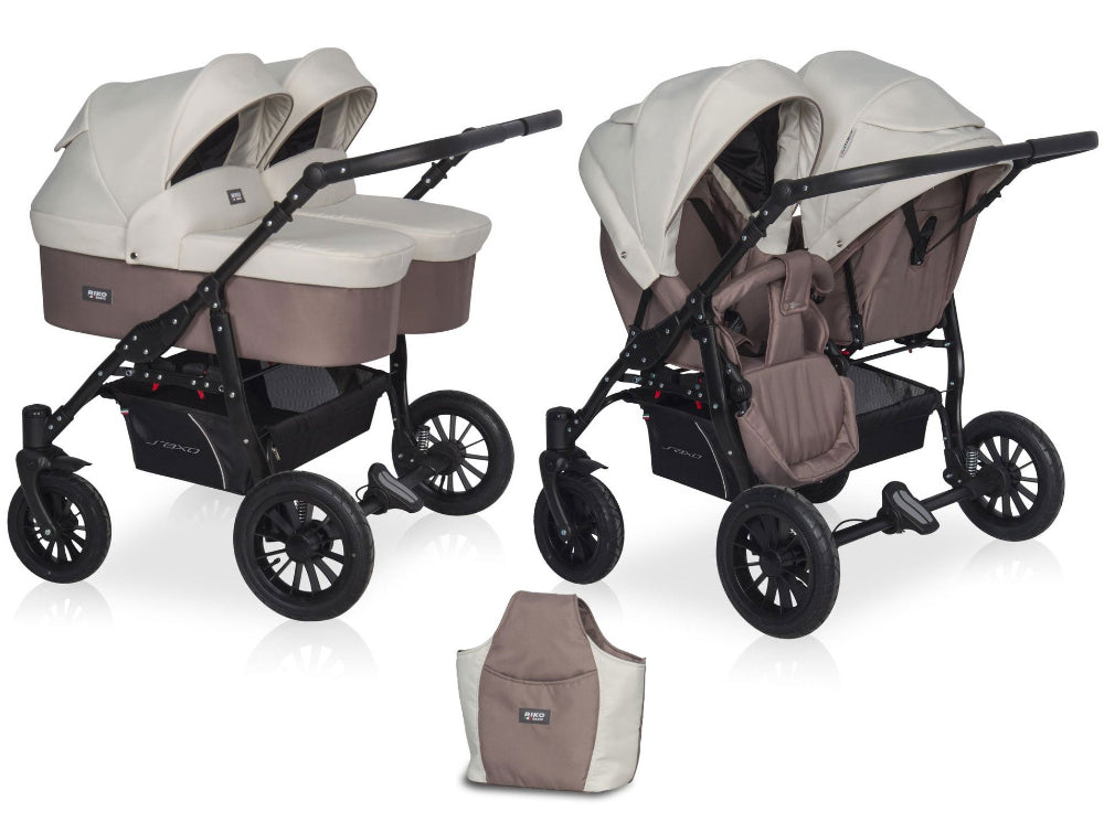 Carucior pentru gemeni Riko Basic Saxo Latte scaune reversibile roti cu aer carucior-gemeni