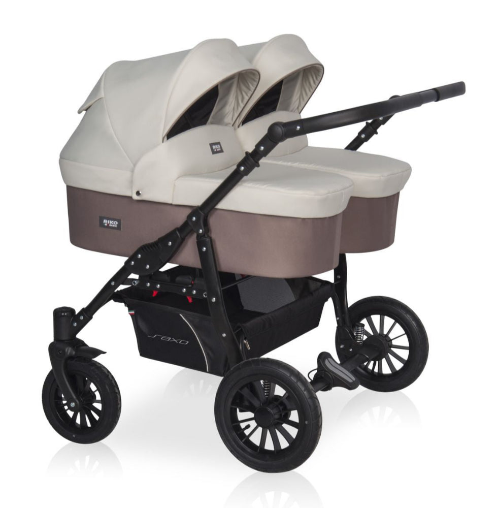 Carucior pentru gemeni Riko Basic Saxo Latte scaune reversibile roti cu aer carucior-gemeni