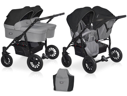 Carucior pentru gemeni Riko Basic Saxo Grey Fox scaune reversibile roti cu aer carucior-gemeni