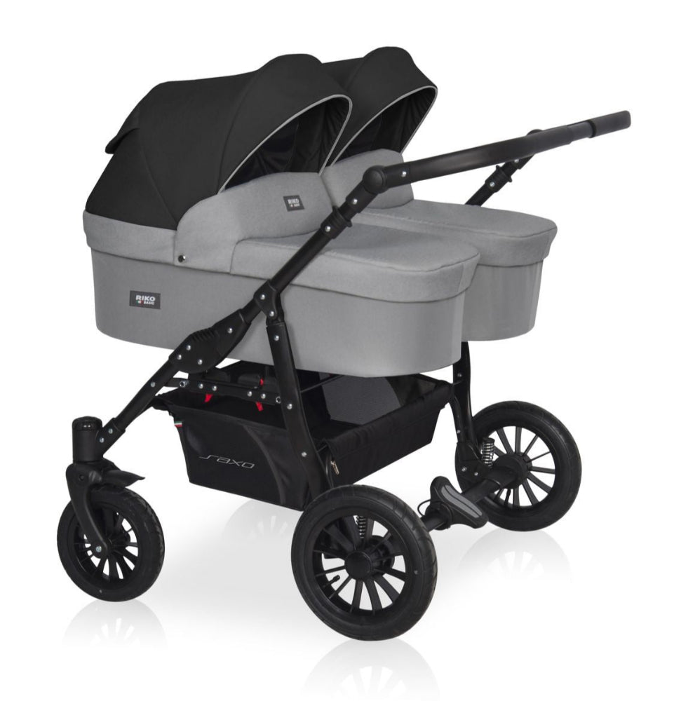 Carucior pentru gemeni Riko Basic Saxo Grey Fox scaune reversibile roti cu aer carucior-gemeni