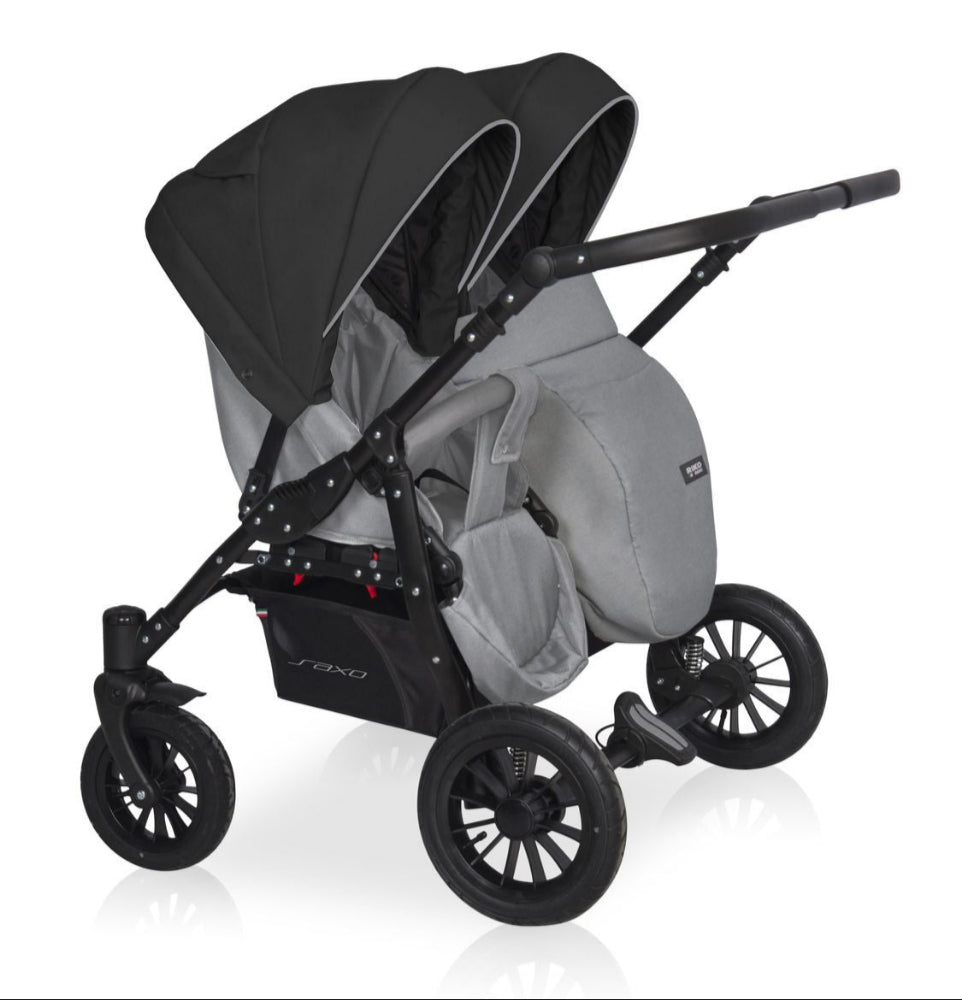 Carucior pentru gemeni Riko Basic Saxo Grey Fox scaune reversibile roti cu aer carucior-gemeni