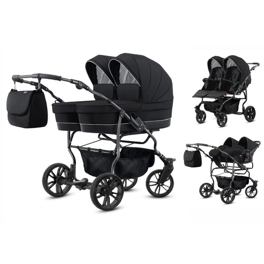 Carucior pentru gemeni 2 in 1 Mikado Goldstar GS-03 Negru/cadru negru/roti negre