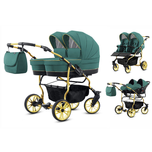 Carucior pentru gemeni 3 in 1 Mikado Goldstar GS-09 Smarald/Cadru gold/Roti gold