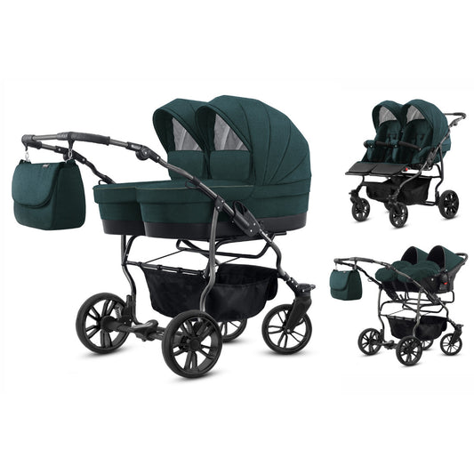 Carucior pentru gemeni 3 in 1 Mikado Goldstar GS-17 Kaki/Cadru negru/Roti negru - www.puimic.ro