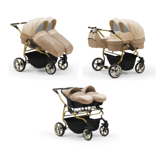 Carucior pentru gemeni Nativo Gemini 3 in 1 Bej/Gold latime 87 cm reversibil carucior-gemeni