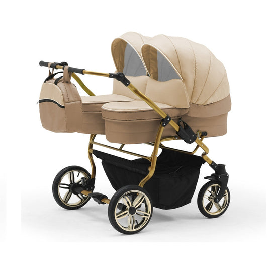 Carucior pentru gemeni Nativo Gemini 3 in 1 Bej/Gold latime 87 cm reversibil carucior-gemeni