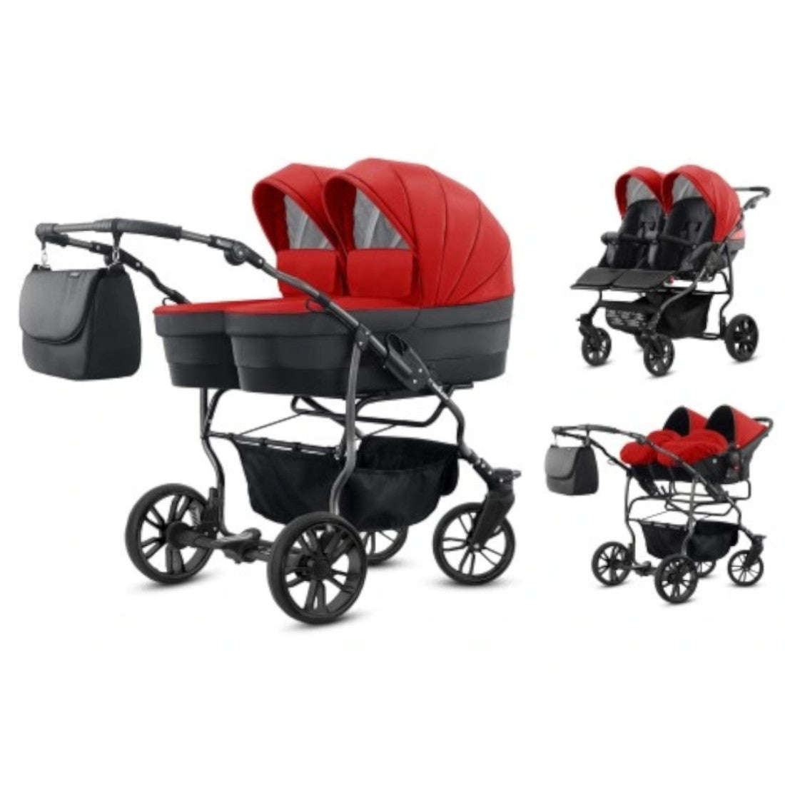 Carucior pentru gemeni 3 in 1 Mikado Goldstar GS-32 Rosu-Negru/Cadru negru/Roti negre