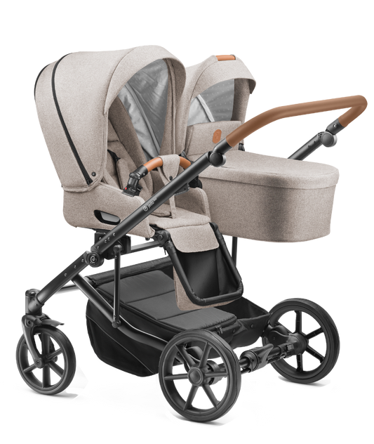 Carucior pentru gemeni 2 in 1 Jedo Duo Bej, side-by-side, reversibil, cadru de aluminiu, latime 80 cm