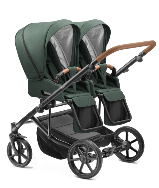Carucior pentru gemeni 2 in 1 Jedo Duo Verde, side-by-side, reversibil, cadru de aluminiu, latime 80 cm