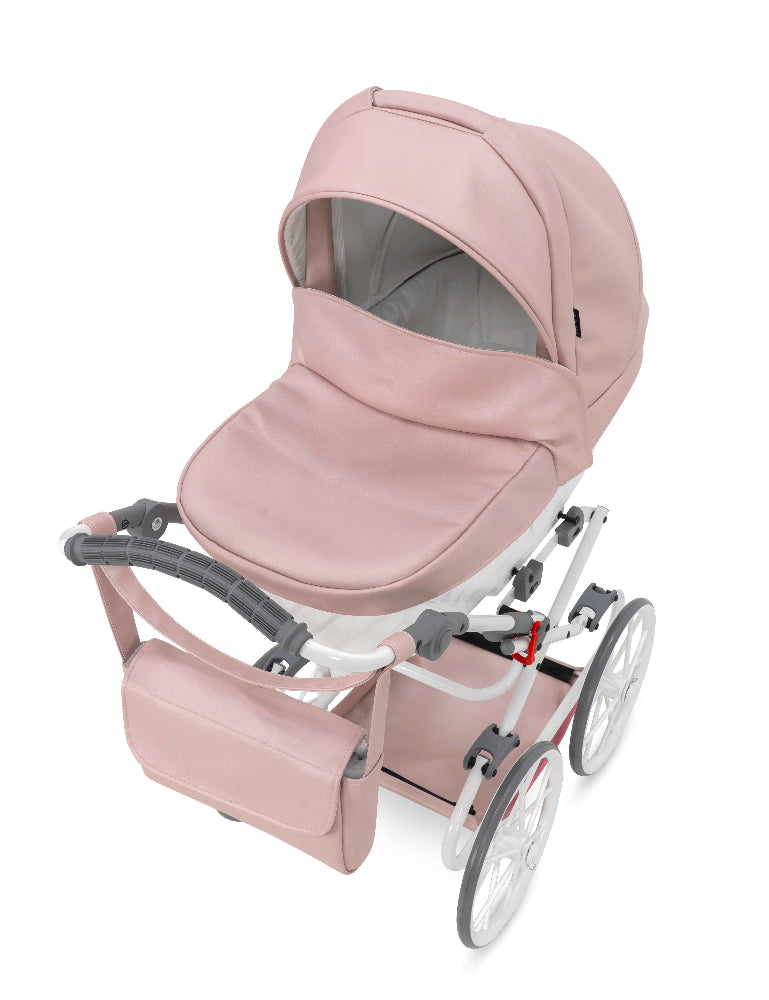 Carucior pentru papusi din piele ecologica Rossie Metallic Pink, 3+ ani