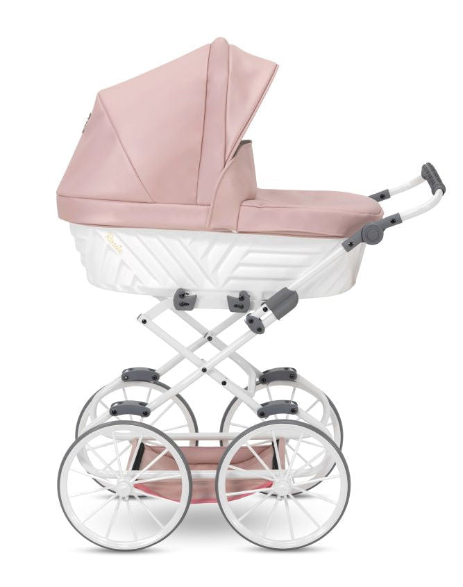 Carucior pentru papusi din piele ecologica Rossie Metallic Pink, 3+ ani