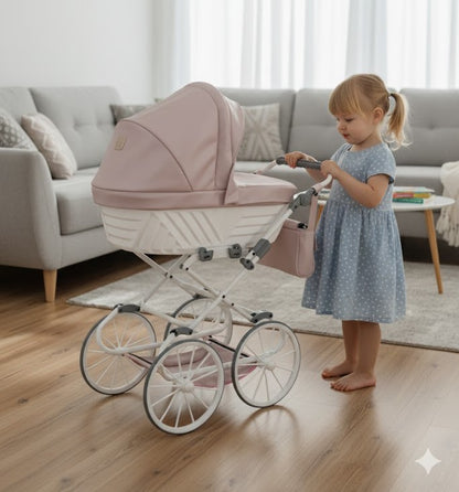 Carucior pentru papusi din piele ecologica Rossie Metallic Pink, 3+ ani