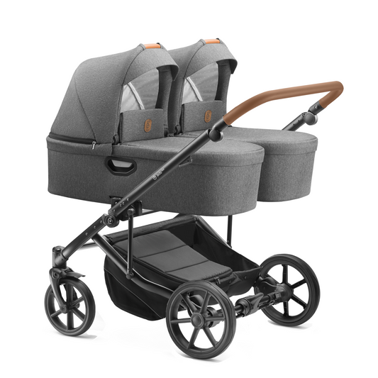 Carucior pentru gemeni Jedo Duo Standard 2 in 1 Gri/Cognac 2 in 1 reversibil cadru de aluminiu latime 79,5 cm