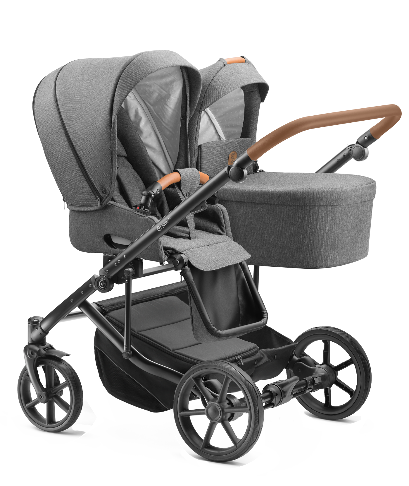 Carucior pentru gemeni Jedo Duo Standard 2 in 1 Gri/Cognac 2 in 1 reversibil cadru de aluminiu latime 79,5 cm