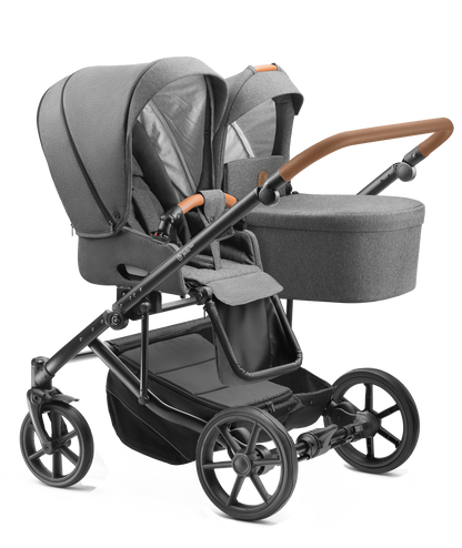 Carucior pentru gemeni Jedo Duo Standard 2 in 1 Gri/Cognac 2 in 1 reversibil cadru de aluminiu latime 79,5 cm