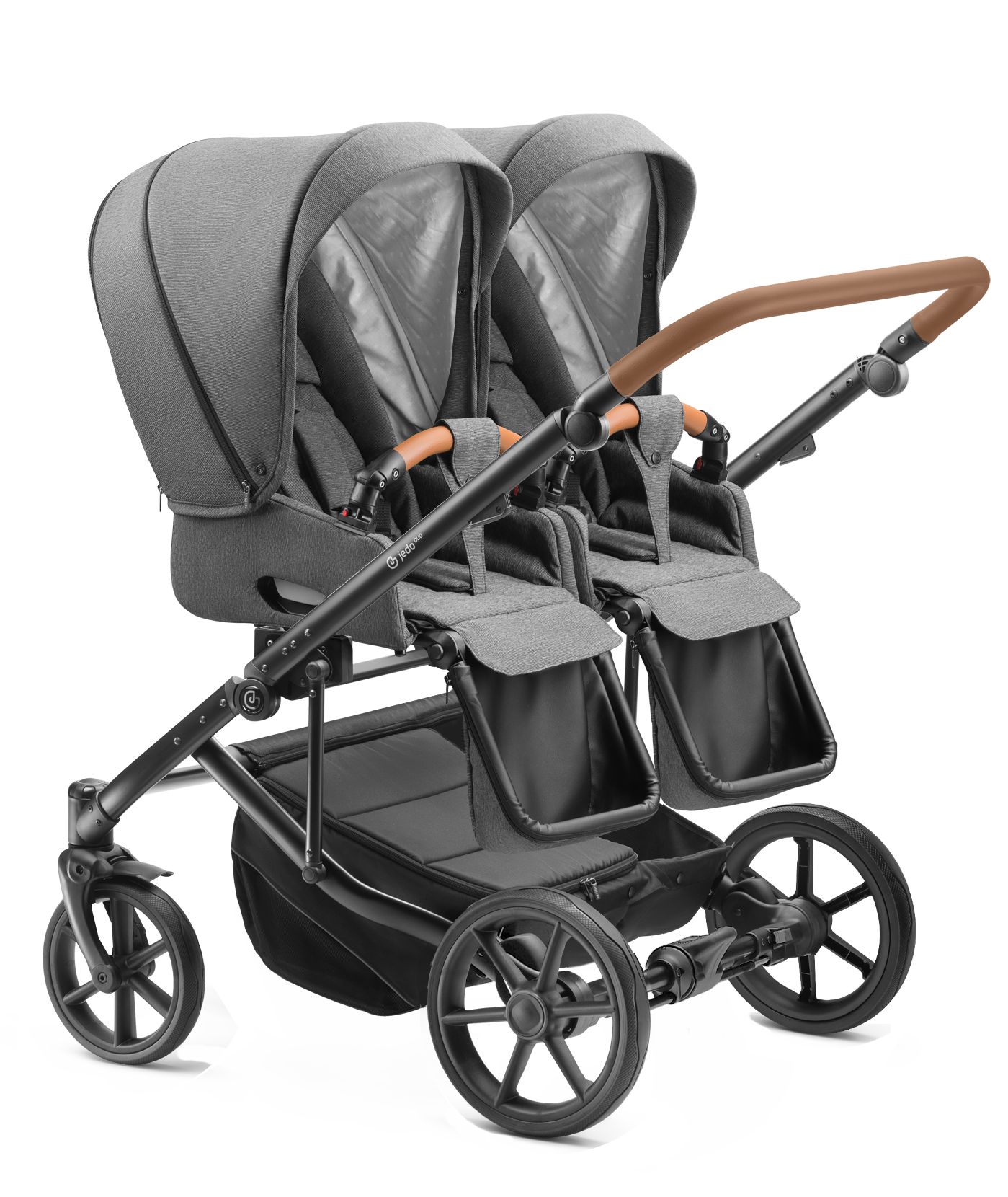 Carucior pentru gemeni Jedo Duo Standard 2 in 1 Gri/Cognac 2 in 1 reversibil cadru de aluminiu latime 79,5 cm