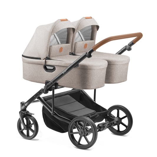 Carucior pentru gemeni Jedo Duo Standard 2 in 1 Bej/Cognac 2 in 1 reversibil cadru de aluminiu latime 79,5 cm