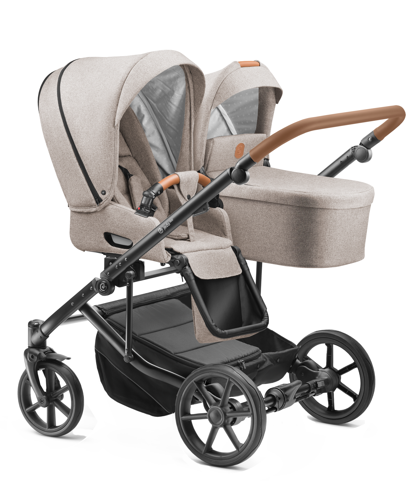 Carucior pentru gemeni Jedo Duo Standard 2 in 1 Bej/Cognac 2 in 1 reversibil cadru de aluminiu latime 79,5 cm
