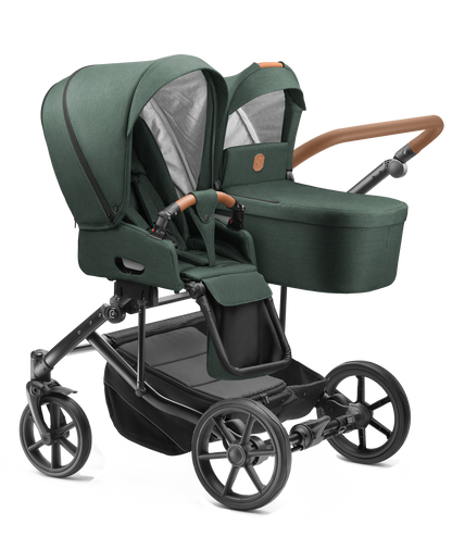 Carucior pentru gemeni Jedo Duo Standard 2 in 1 Verde/Cognac 2 in 1 reversibil cadru de aluminiu latime 79,5 cm