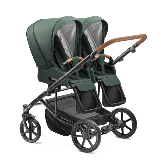 Carucior pentru gemeni Jedo Duo Modular Verde/Cognac reversibil cadru de aluminiu latime 79,5 cm carucior-gemeni