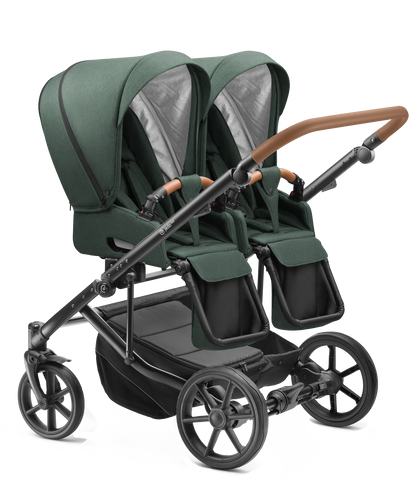 Carucior pentru gemeni Jedo Duo Standard 2 in 1 Verde/Cognac 2 in 1 reversibil cadru de aluminiu latime 79,5 cm