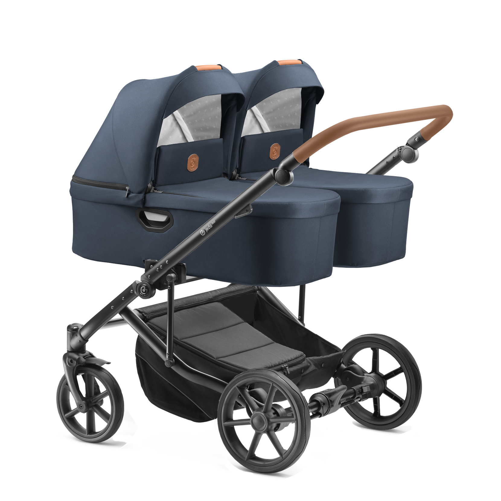 Carucior pentru gemeni Jedo Duo Standard 2 in 1 Blumarin/Cognac 2 in 1 reversibil cadru de aluminiu latime 79,5 cm