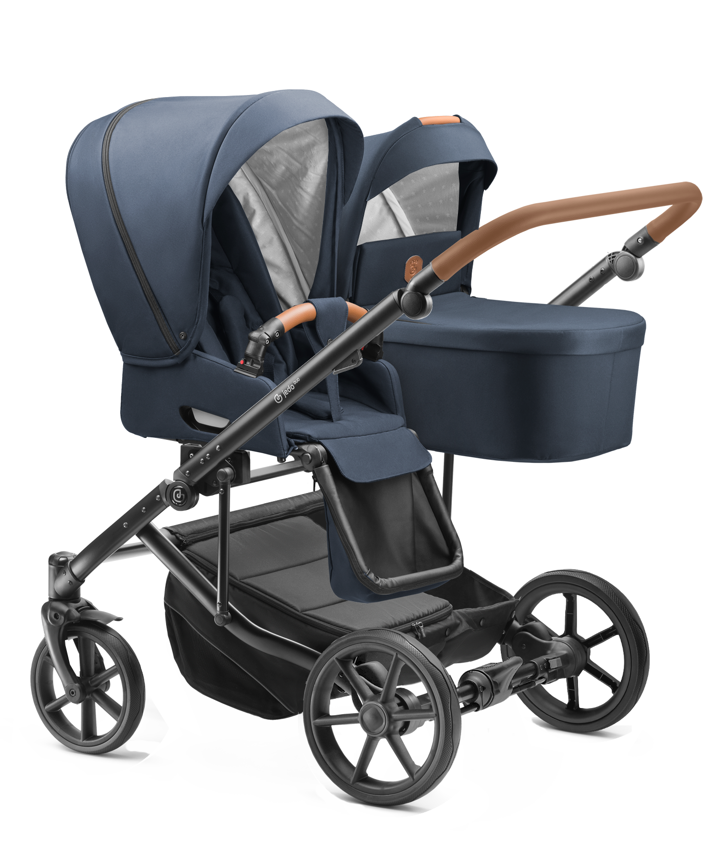Carucior pentru gemeni Jedo Duo Standard 2 in 1 Blumarin/Cognac 2 in 1 reversibil cadru de aluminiu latime 79,5 cm