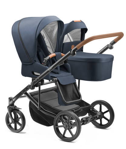 Carucior pentru gemeni Jedo Duo Standard 2 in 1 Blumarin/Cognac 2 in 1 reversibil cadru de aluminiu latime 79,5 cm