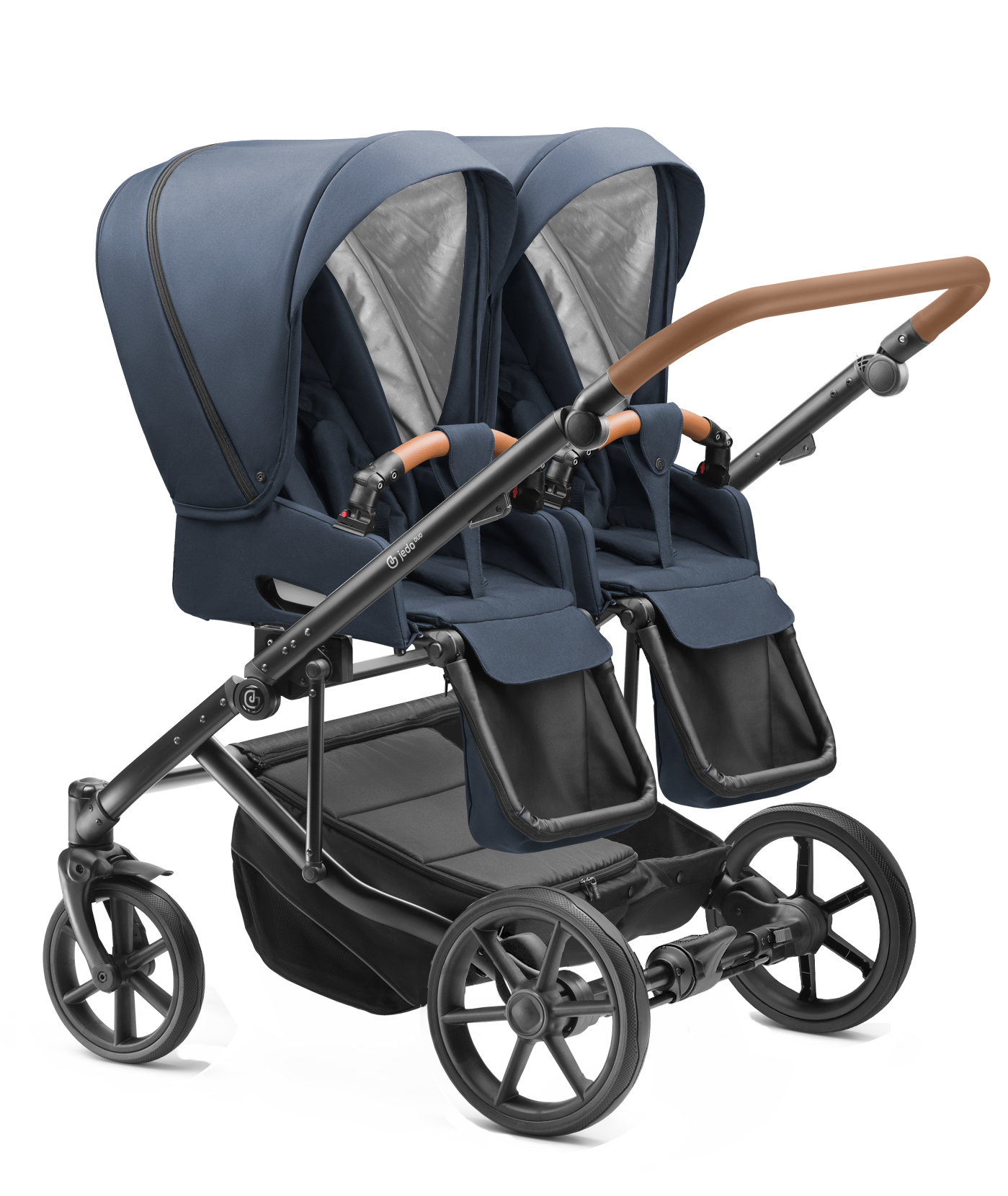 Carucior pentru gemeni Jedo Duo Standard 2 in 1 Blumarin/Cognac 2 in 1 reversibil cadru de aluminiu latime 79,5 cm