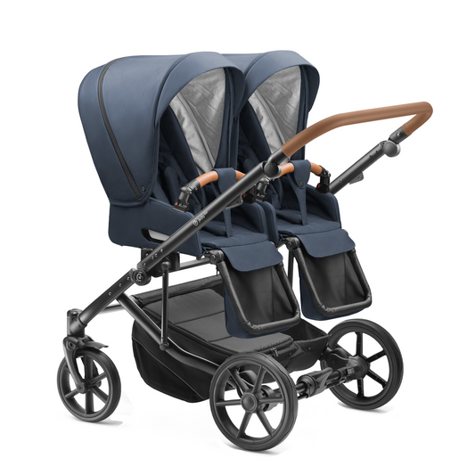 Carucior pentru gemeni Jedo Duo Modular Blumarin/Cognac reversibil cadru de aluminiu latime 79,5 cm carucior-gemeni
