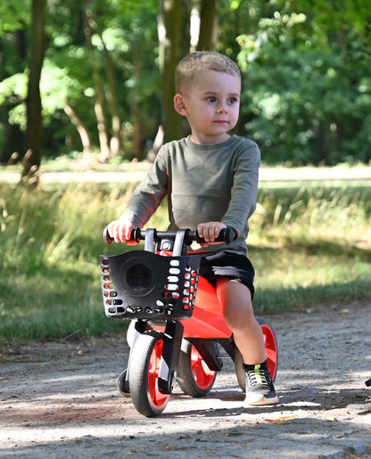 Bicicleta fara pedale cu cosulet pentru ghidon, 2 in 1, 18+ luni, pneuri si manere de cauciuc, 4 nivele de reglaj pe inaltime, Funny Wheels Rider SuperSport Sunset Orange/Black