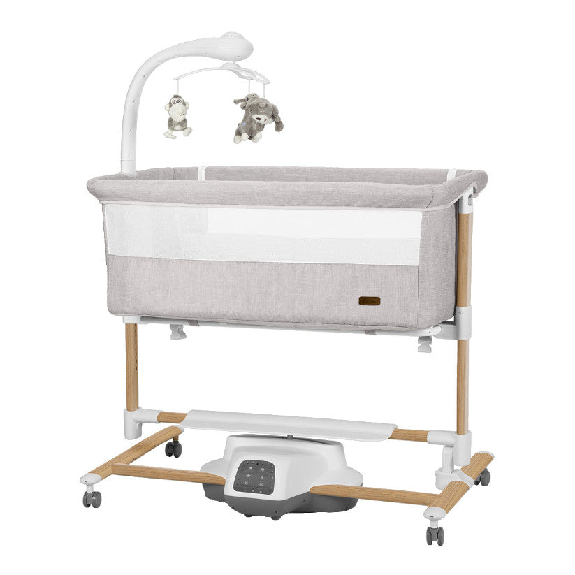 Patut leagan electric Carrello Bloom Silk Beige Wooden, max. 9 kg, 85x50 cm, cu senzor de miscare, telecomanda, 7 moduri de leganare, 5 viteze, timer, carusel electric cu proiector