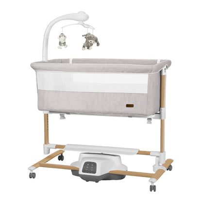 Patut leagan electric Carrello Bloom Silk Beige Wooden, max. 9 kg, 85x50 cm, cu senzor de miscare, telecomanda, 7 moduri de leganare, 5 viteze, timer, carusel electric cu proiector